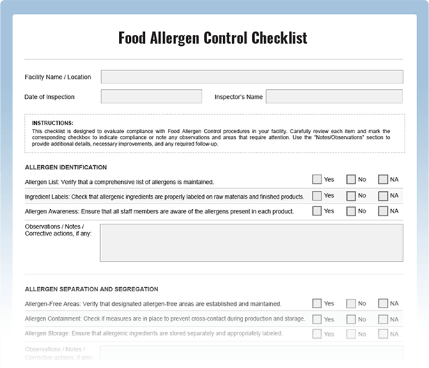 Food Allergen Control Checklist