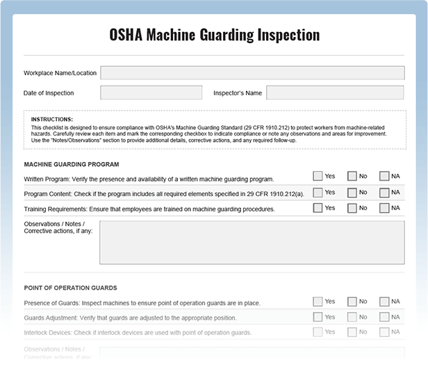 OSHA Machine Guarding Checklist