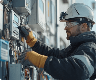 Worker wearing helmet and gloves performing electrical safety inspection on control panel