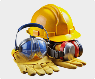 Set of PPE including hard hat, safety goggles, gloves, and earmuffs