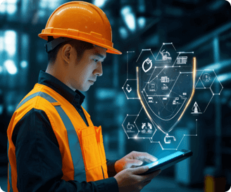 Industrial worker identifying safety risks and workaround signals using digital monitoring tools on the shop floor