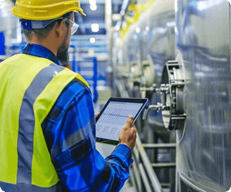 Industrial worker assessing operational risks during equipment inspection in a manufacturing facility