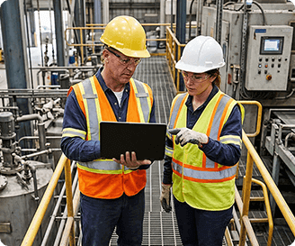 Industrial safety professionals monitoring workplace safety data and incident reporting system on a tablet