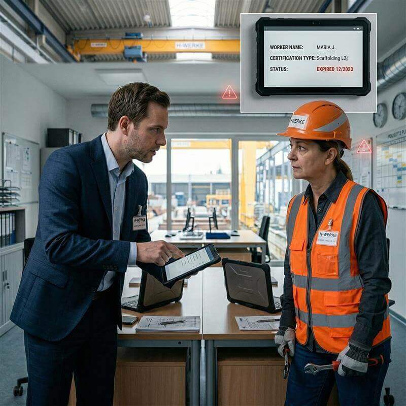 Safety compliance alert showing expired worker certification due to disconnected systems