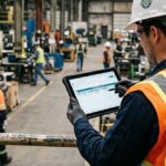 Safety manager using digital incident management software on a tablet inside an industrial facility