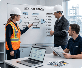 Safety team conducting a root cause analysis meeting after a workplace incident to identify contributing factors and corrective actions.