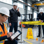 Safety officer documenting evidence at a workplace incident scene while investigators secure the area and gather information.