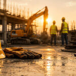 Safety helmet, gloves, and warning sign at a construction site highlighting the importance of recognizing accident warning signs before work begins.