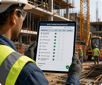 Construction worker using a digital safety inspection checklist before work to identify potential hazards and prevent accidents.