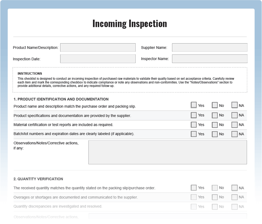 Incoming Inspection Checklist