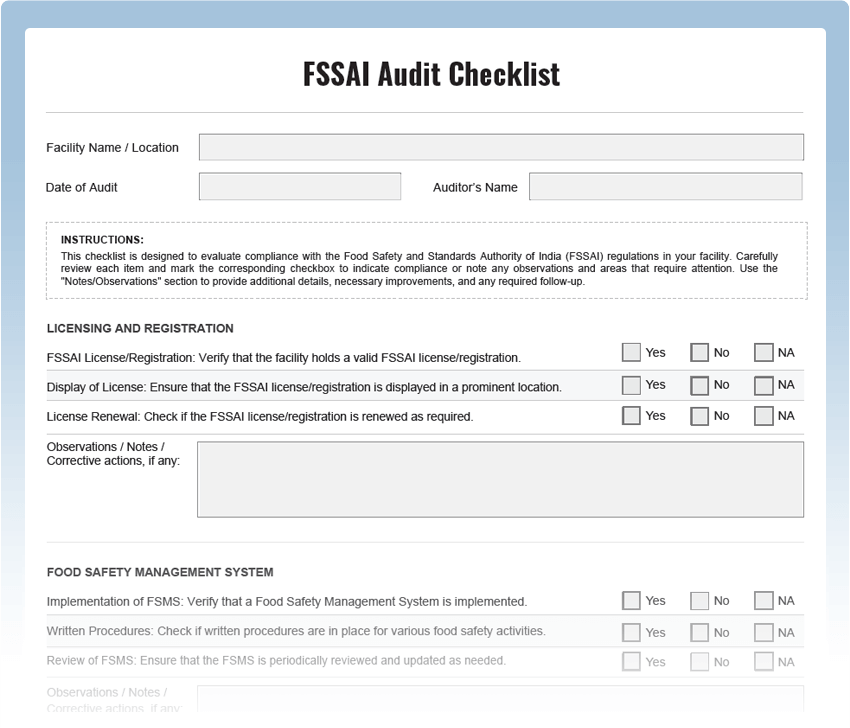FSSAI Audit Checklists