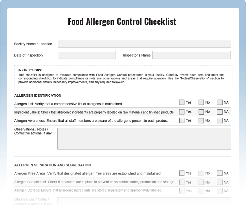 Food Allergen Control Inspection Checklist