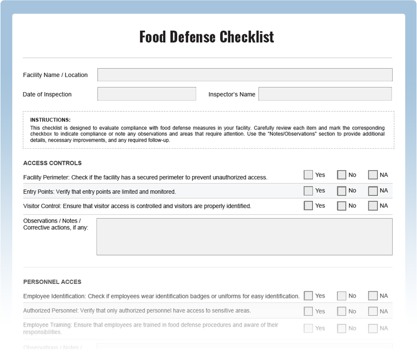 Food Defense Inspection Checklist