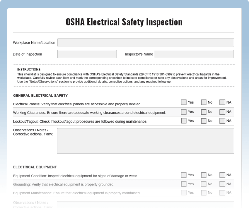 OSHA Electrical Safety Inspection Checklist