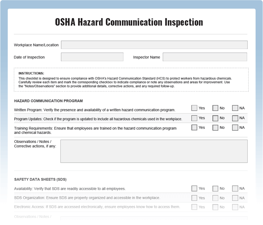 OSHA Hazard Communication Inspection Checklist