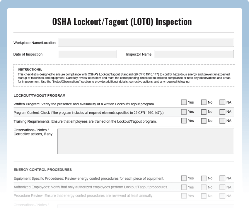 OSHA LOTO Inspection Checklist Download Free PDF Template OSHA LOTO Inspection Checklist Download Free PDF Template