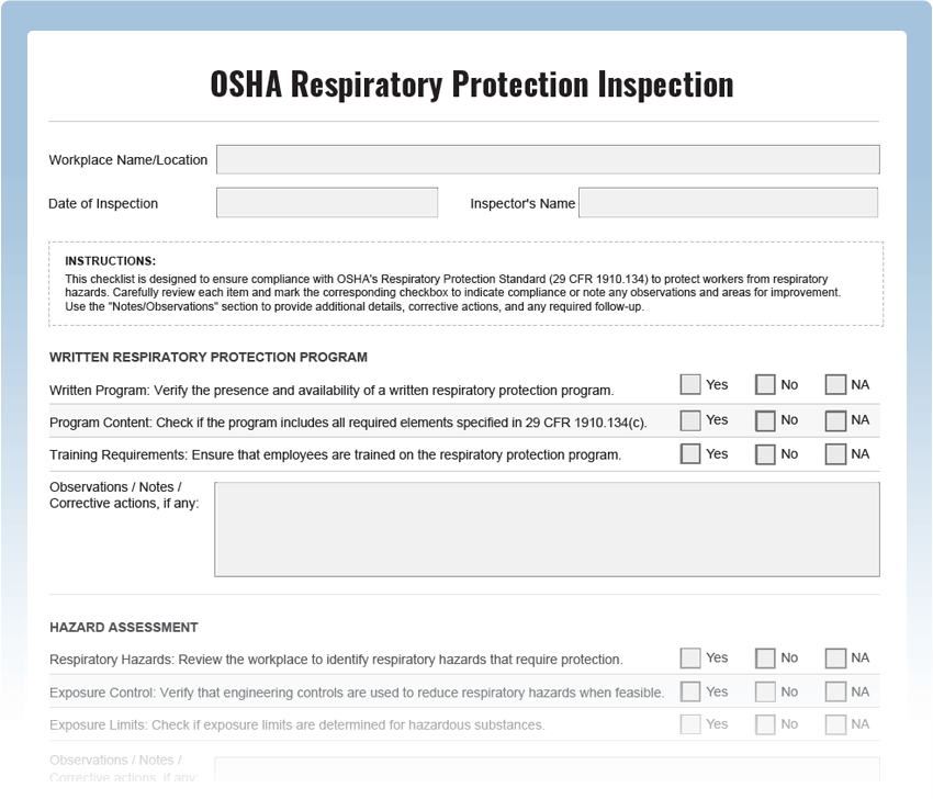 OSHA Respiratory Protection Inspection Checklist