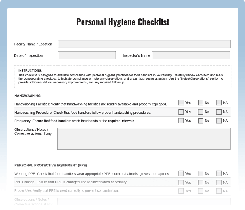 Personal Hygiene Inspection Checklist