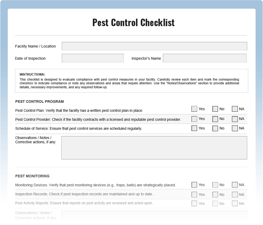 Pest Control Inspection Checklist