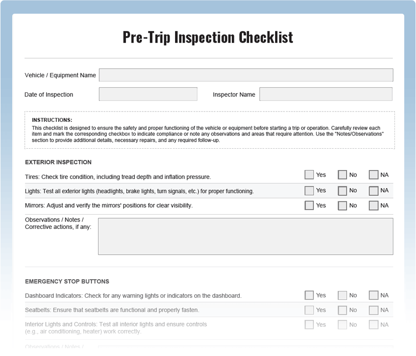 Pre-Trip Inspection Checklist