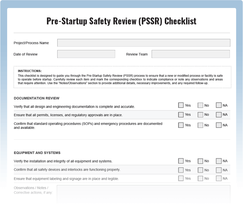 Pre-Startup Safety Review (PSSR) Checklist