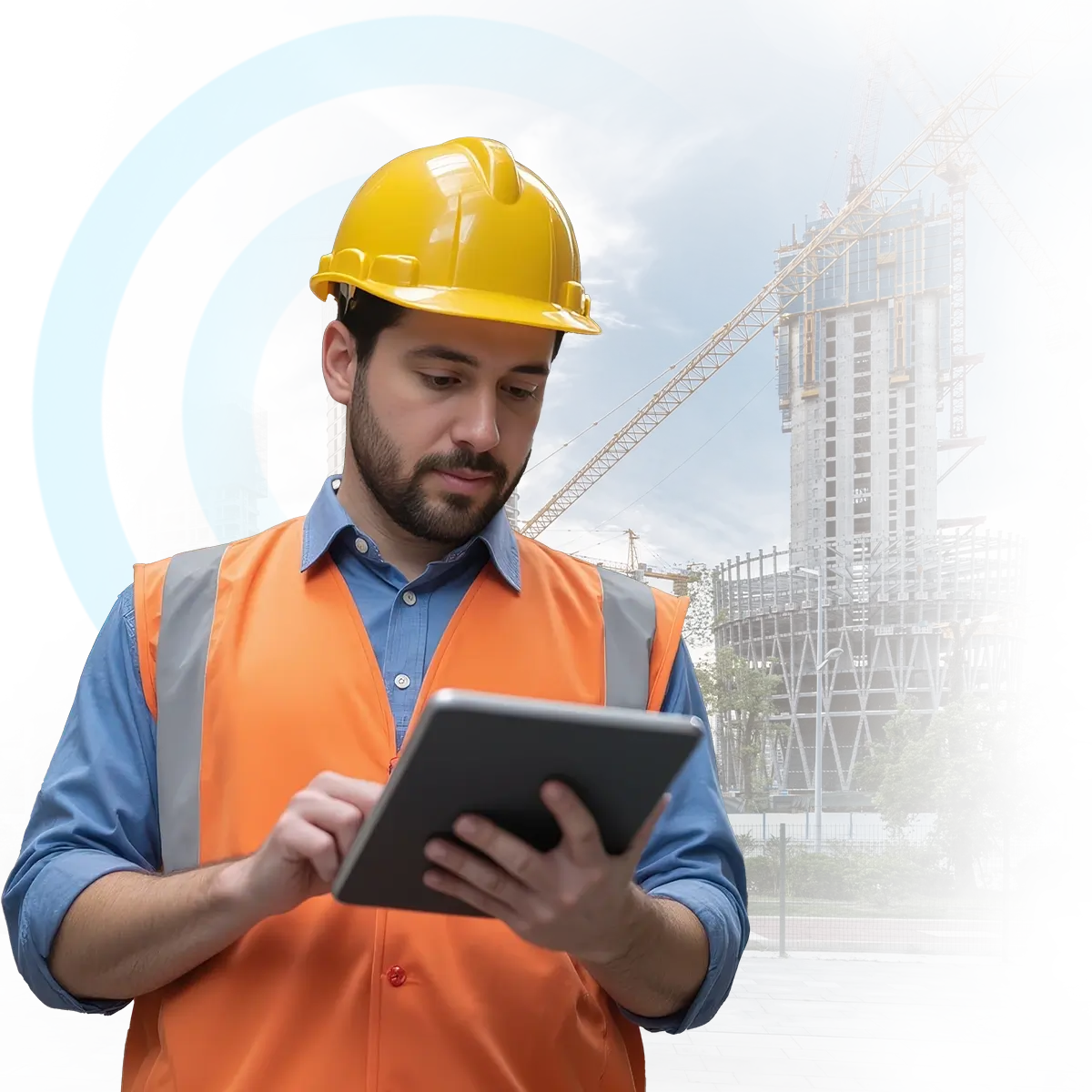 construction site safety manager looking at safety data on a tablet device